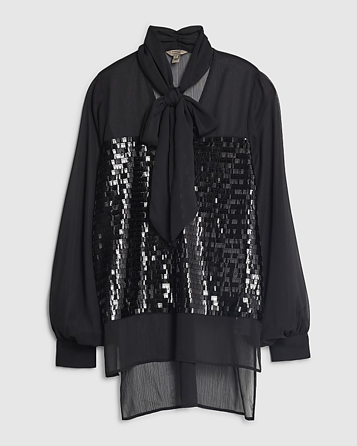Black Sequin Pussybow Top