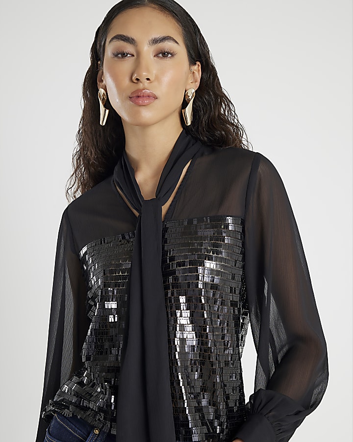 Black Sequin Pussybow Top