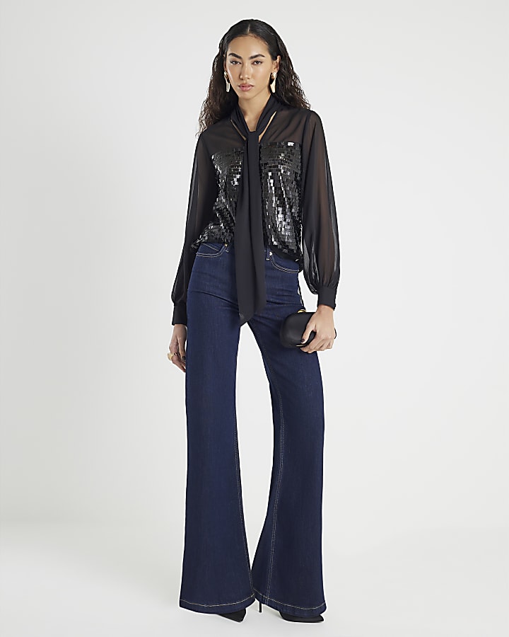 Black Sequin Pussybow Top