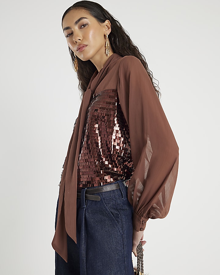 Brown Sequin Pussybow Top