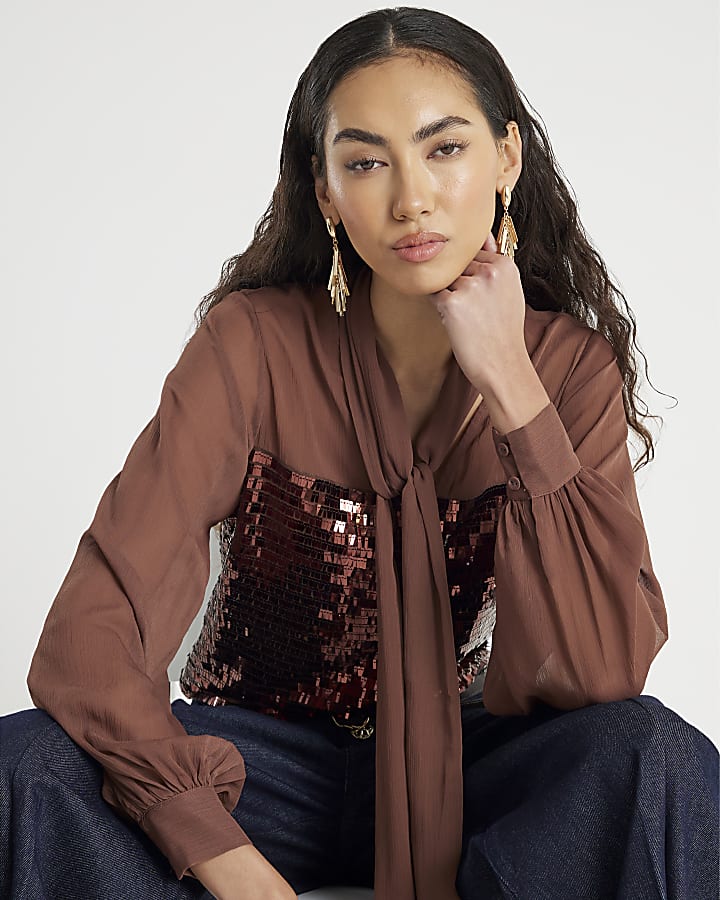 Brown Sequin Pussybow Top