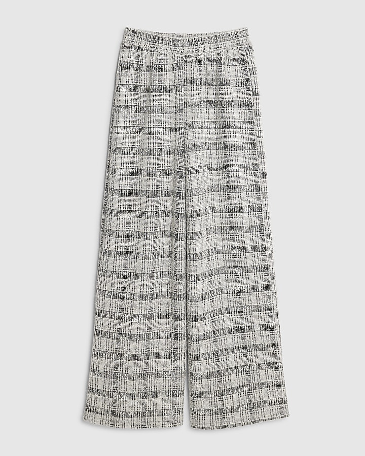 Grey Boucle Check Print Wide Leg Trousers