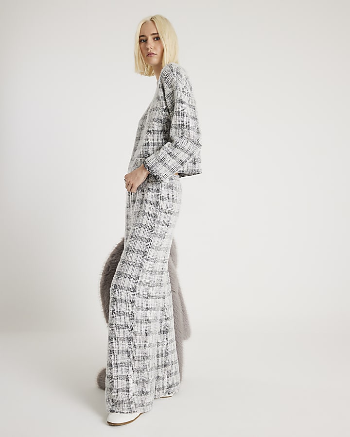 Grey Boucle Check Print Wide Leg Trousers