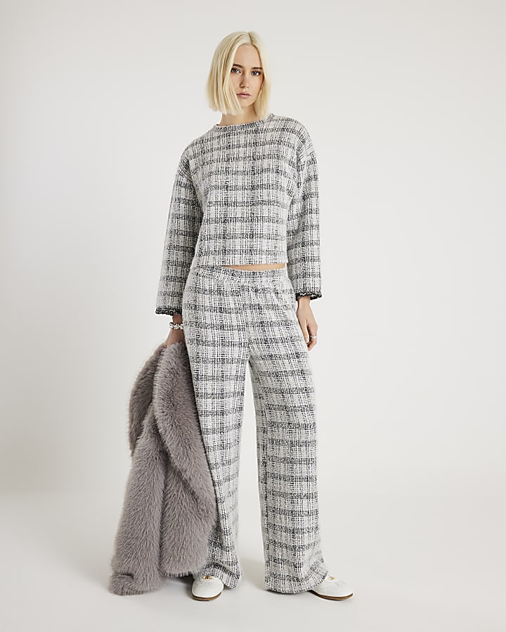 Grey Boucle Check Print Wide Leg Trousers