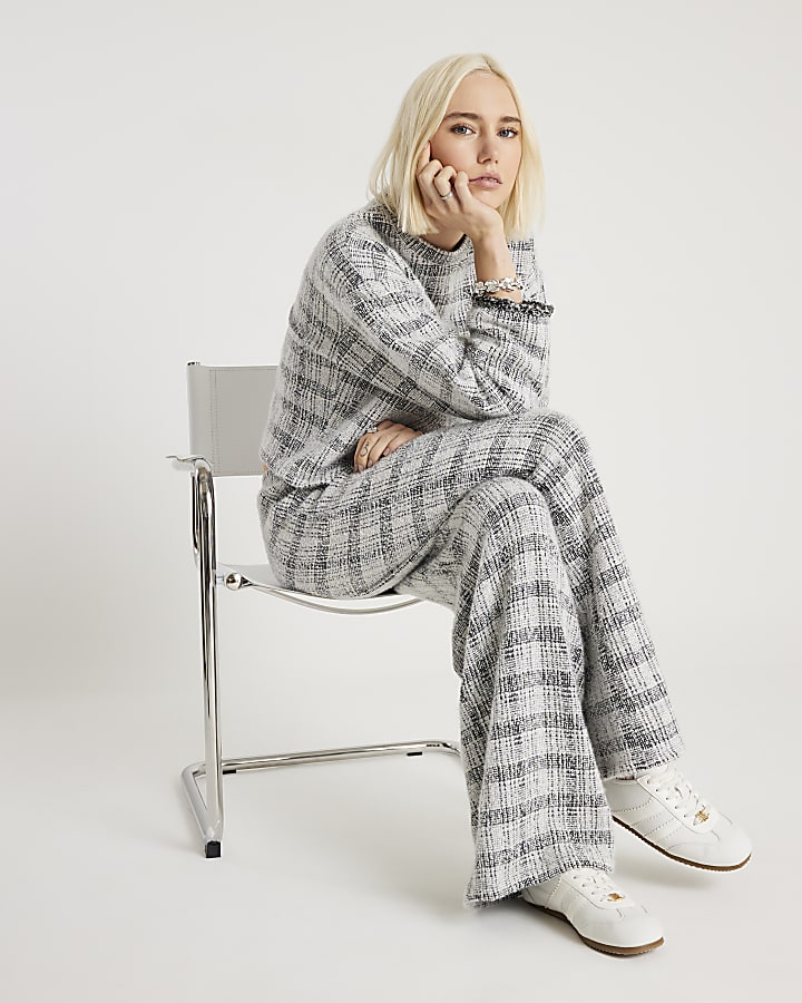 Grey Boucle Check Print Wide Leg Trousers