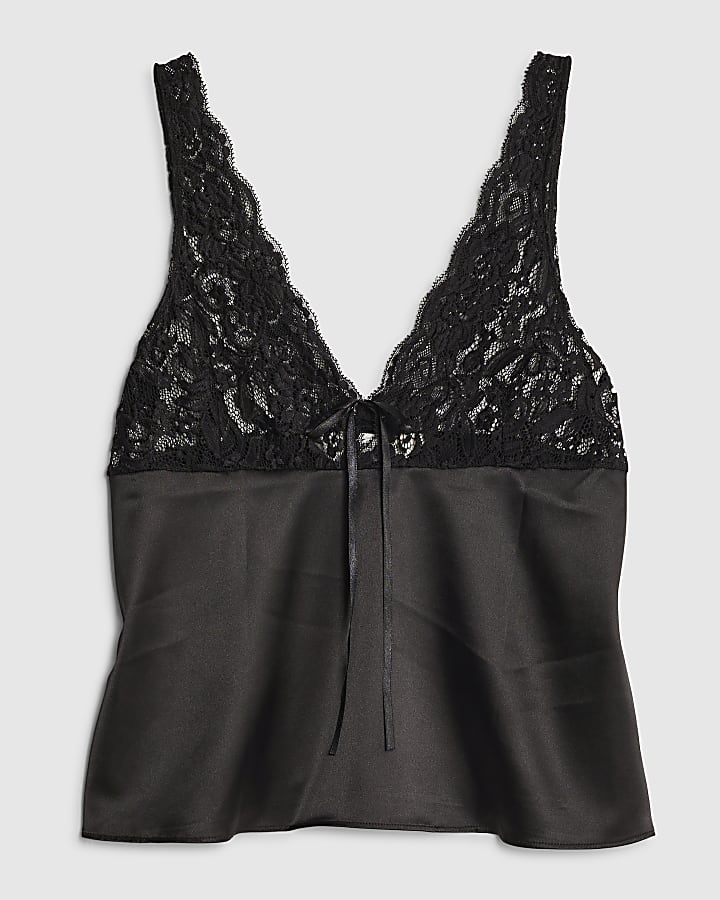 Black Lace Tie Trim Cami Top