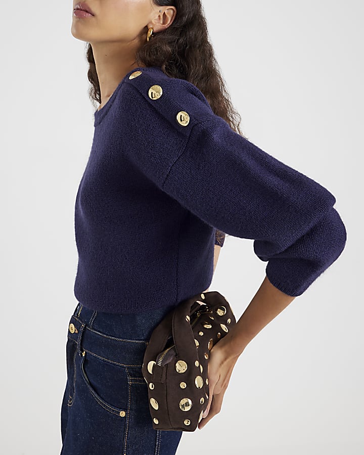 Navy Knitted Structured Sleeve Jumper