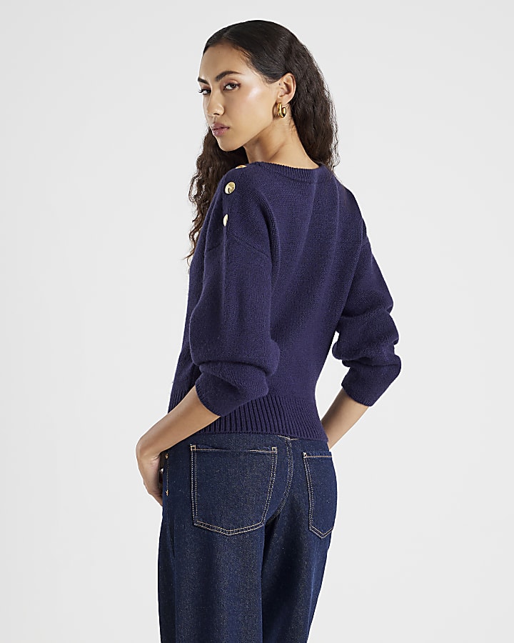 Navy Knitted Structured Sleeve Jumper