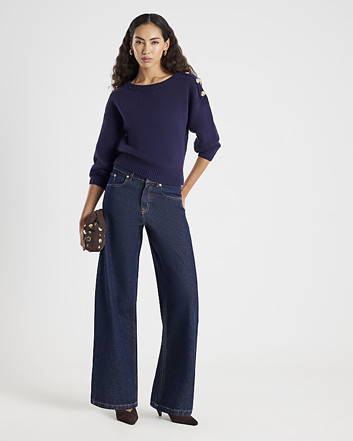 Navy Knitted Structured Sleeve Jumper