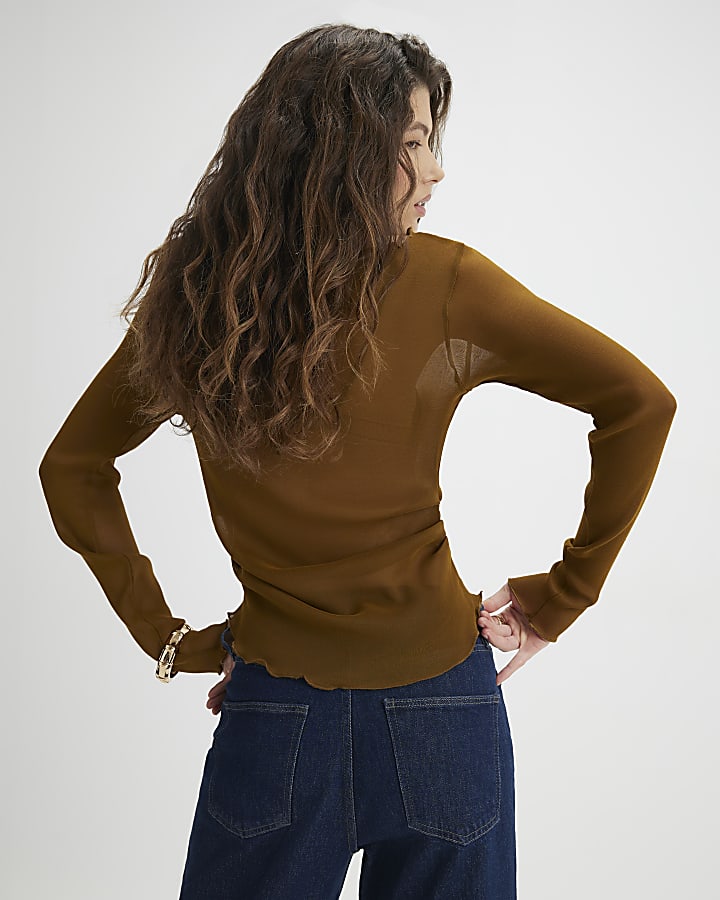 Brown Mesh Long Sleeve Ruched Top