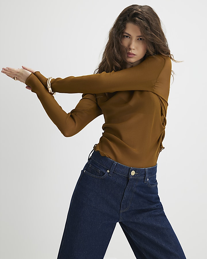 Brown Mesh Long Sleeve Ruched Top
