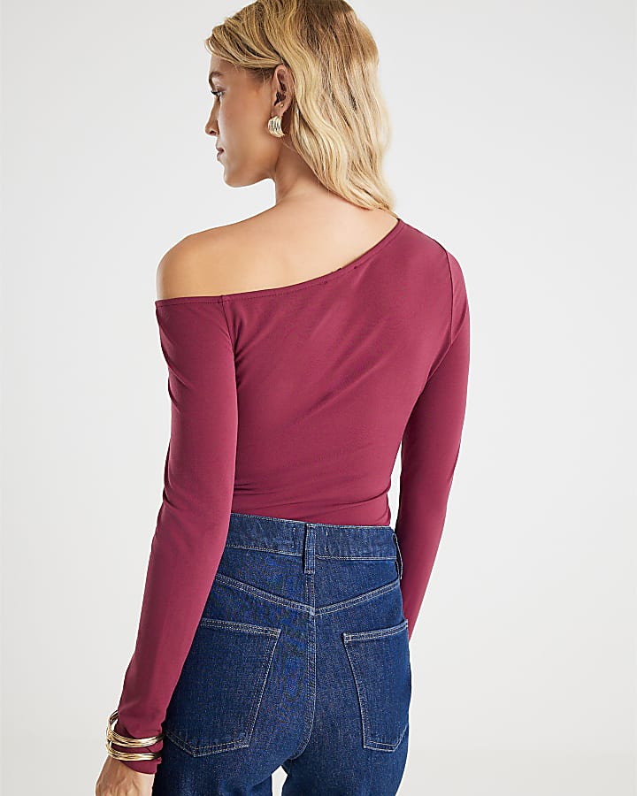 Red Long Sleeve Gold Detail Asymmetric Top