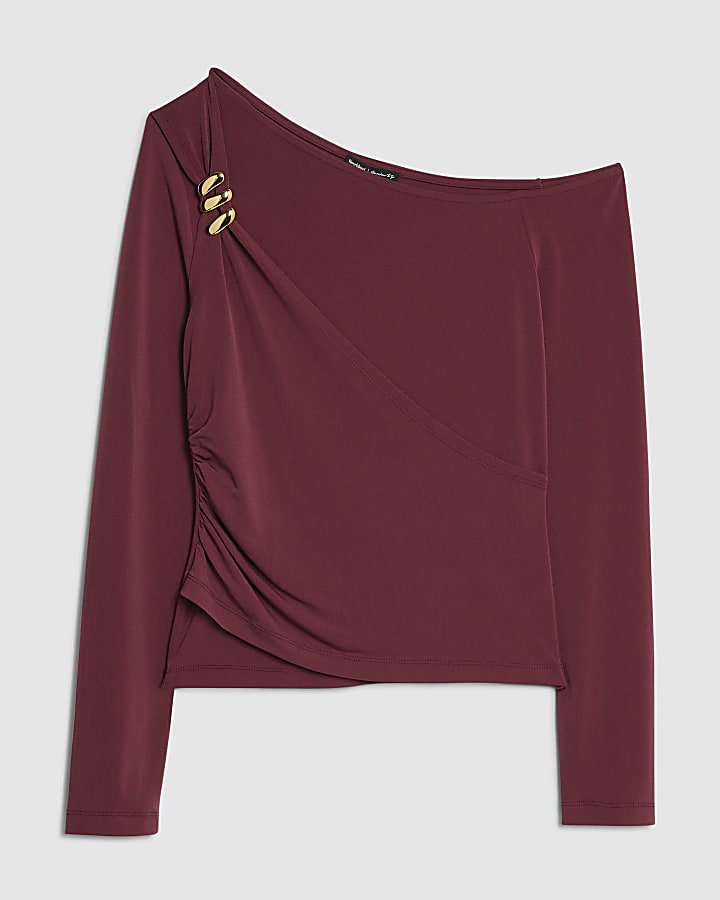 Red Long Sleeve Gold Detail Asymmetric Top