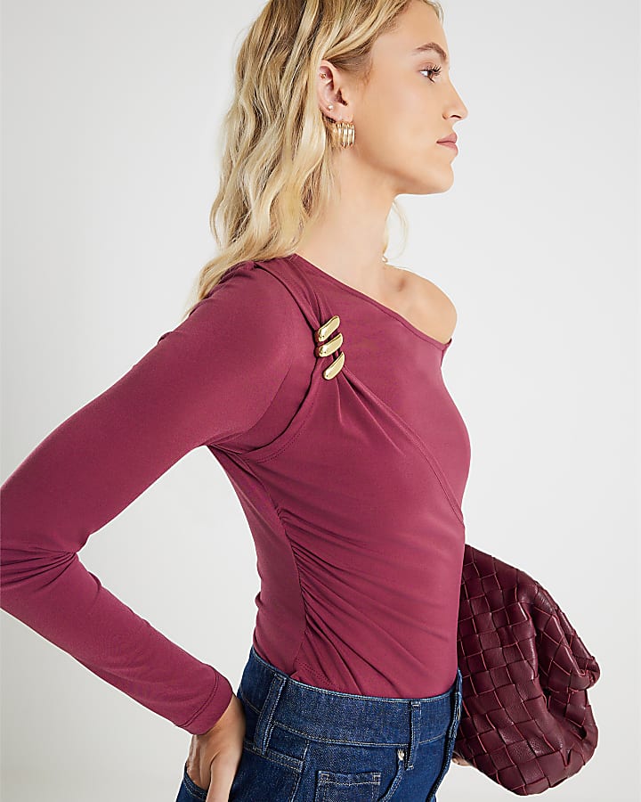 Red Long Sleeve Gold Detail Asymmetric Top