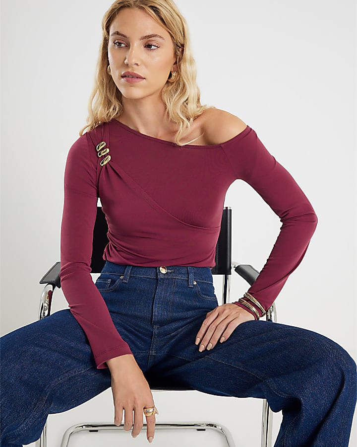 Red Long Sleeve Gold Detail Asymmetric Top