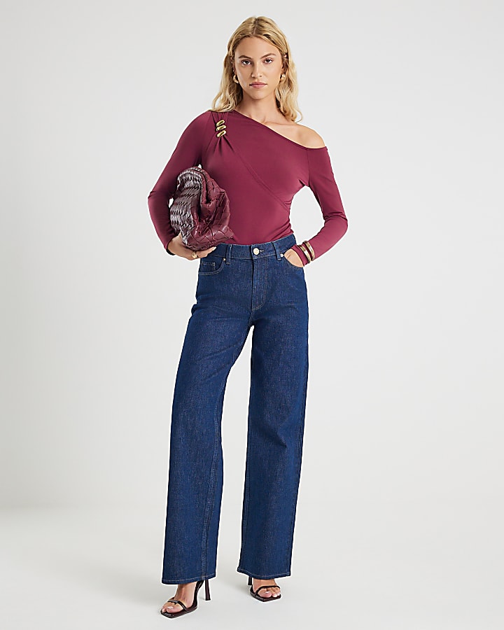 Red Long Sleeve Gold Detail Asymmetric Top