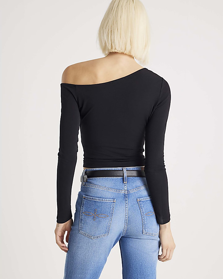 Black Long Sleeve Gold Detail Asymmetric Top