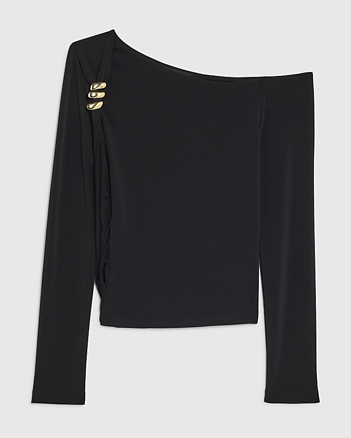 Black Long Sleeve Gold Detail Asymmetric Top