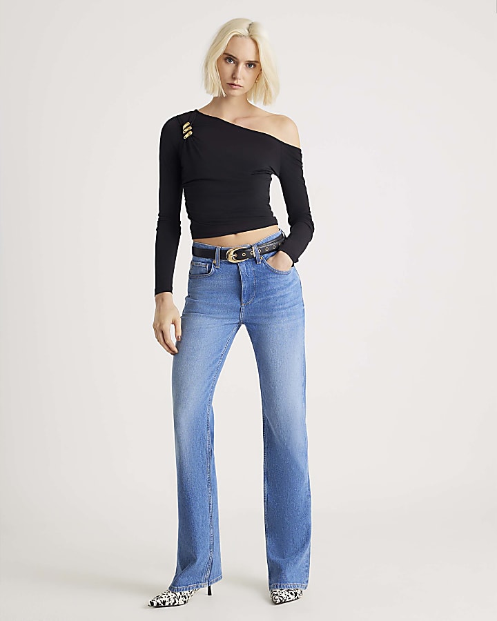 Black Long Sleeve Gold Detail Asymmetric Top