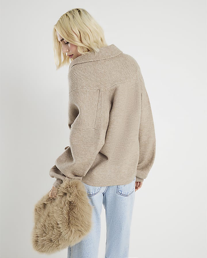 Beige Knitted Batwing Collared Cardigan