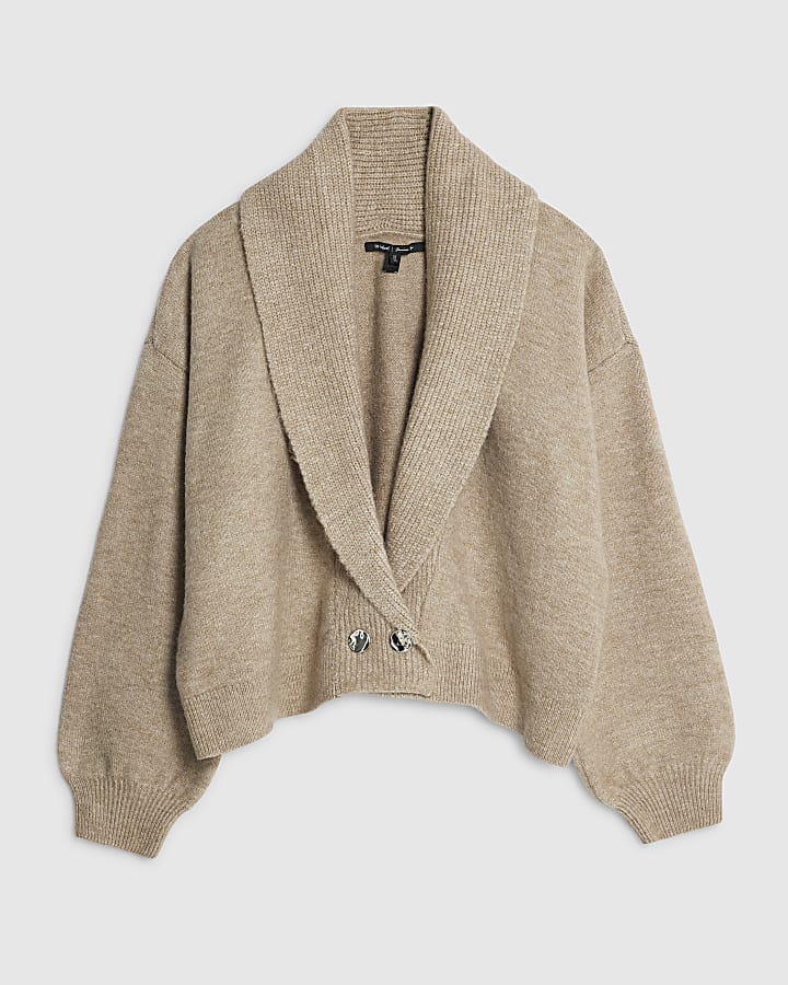 Beige Knitted Batwing Collared Cardigan