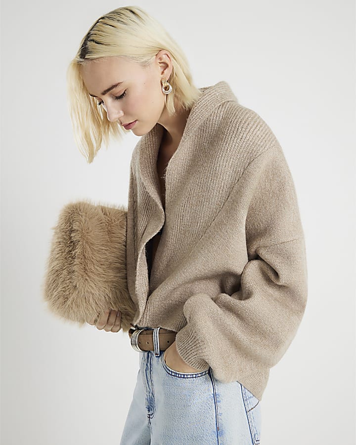 Beige Knitted Batwing Collared Cardigan
