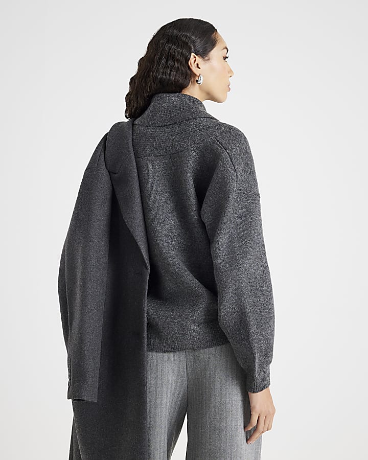 Grey Knitted Batwing Collared Cardigan