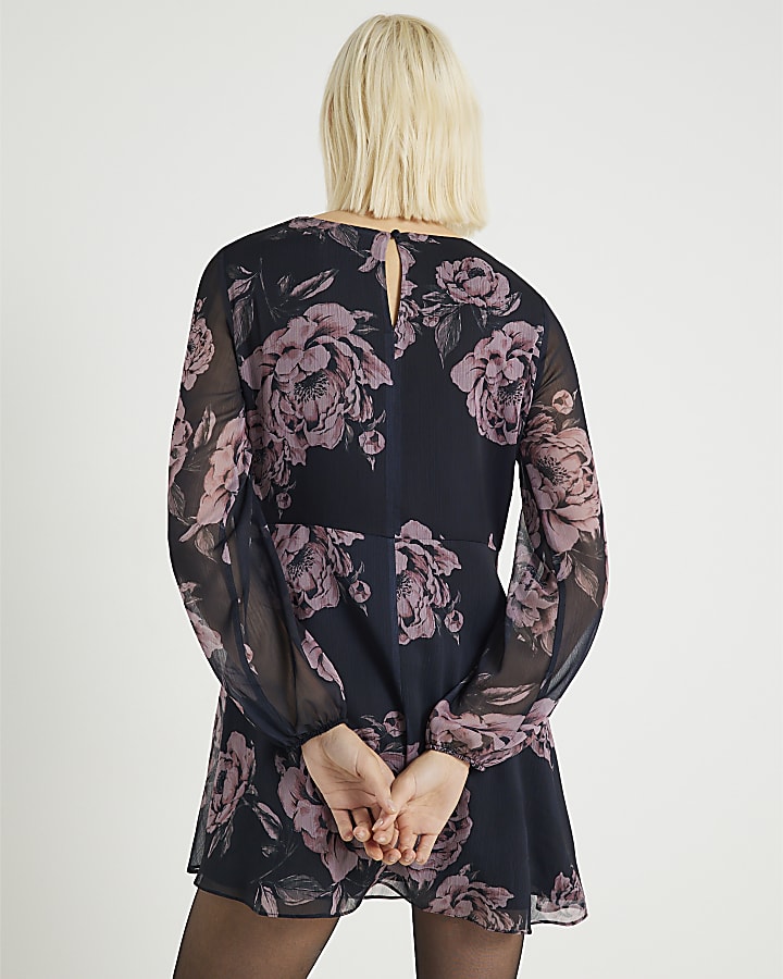 Black Floral Long Sleeve Knot Mini Dress