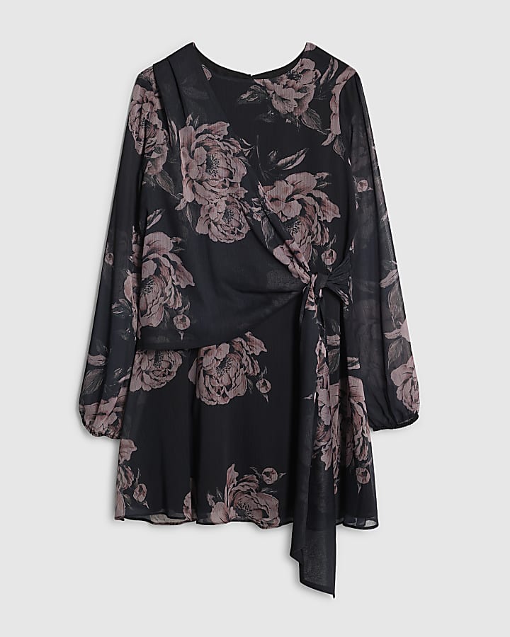Black Floral Long Sleeve Knot Mini Dress