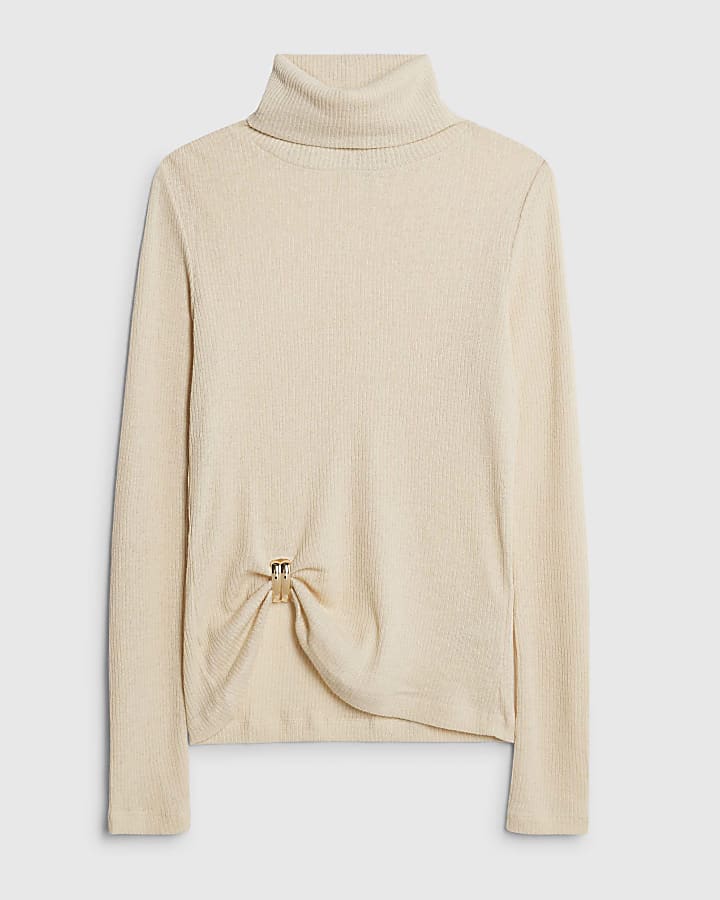 Cream Long Sleeve Gold Detail Roll Neck Top