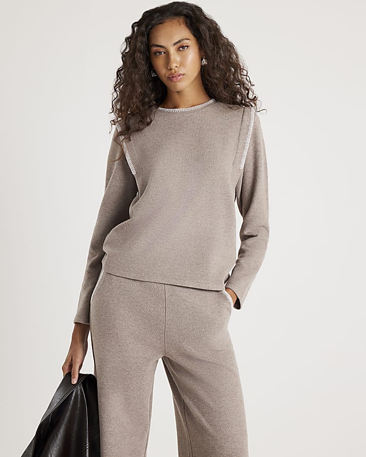 Brown Long Sleeve Whipstitch Sweatshirt