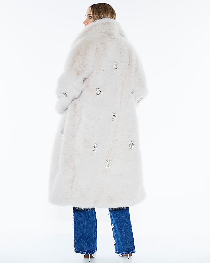 Beige Embellished Faux Fur Longline Coat