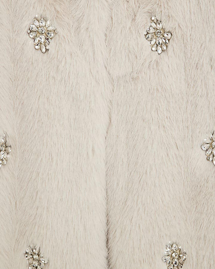 Beige Embellished Faux Fur Longline Coat