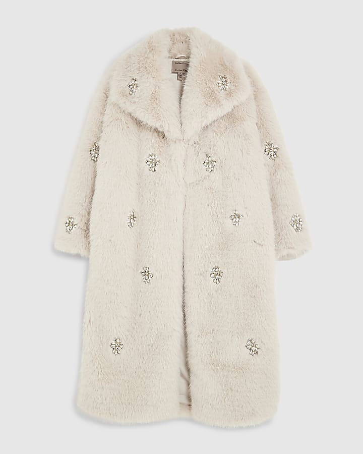 Beige Embellished Faux Fur Longline Coat