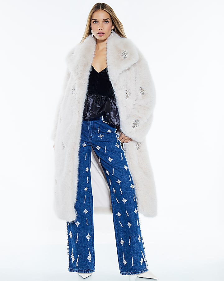 Beige Embellished Faux Fur Longline Coat