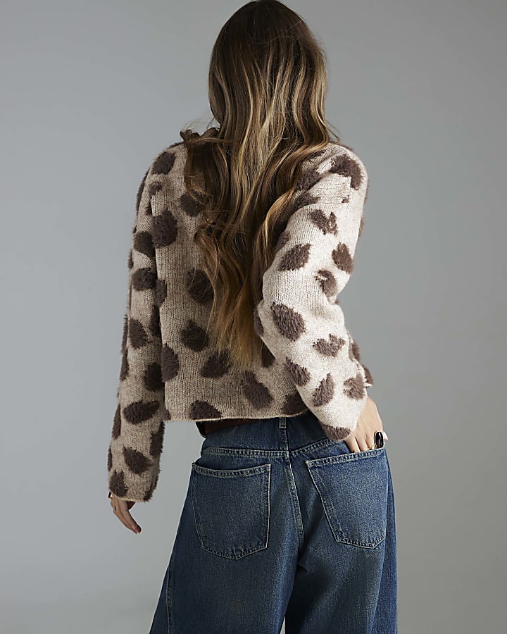 Brown Knitted Leopard Print Jumper