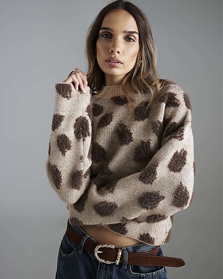 Brown Knitted Leopard Print Jumper