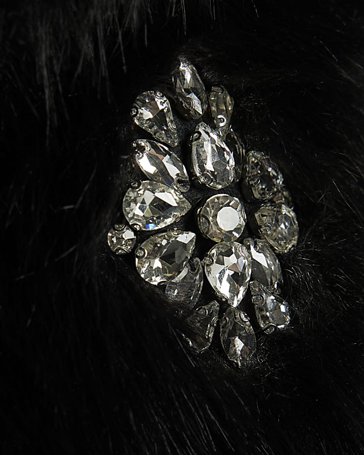 Black Short Embellished Faux Fur Coat