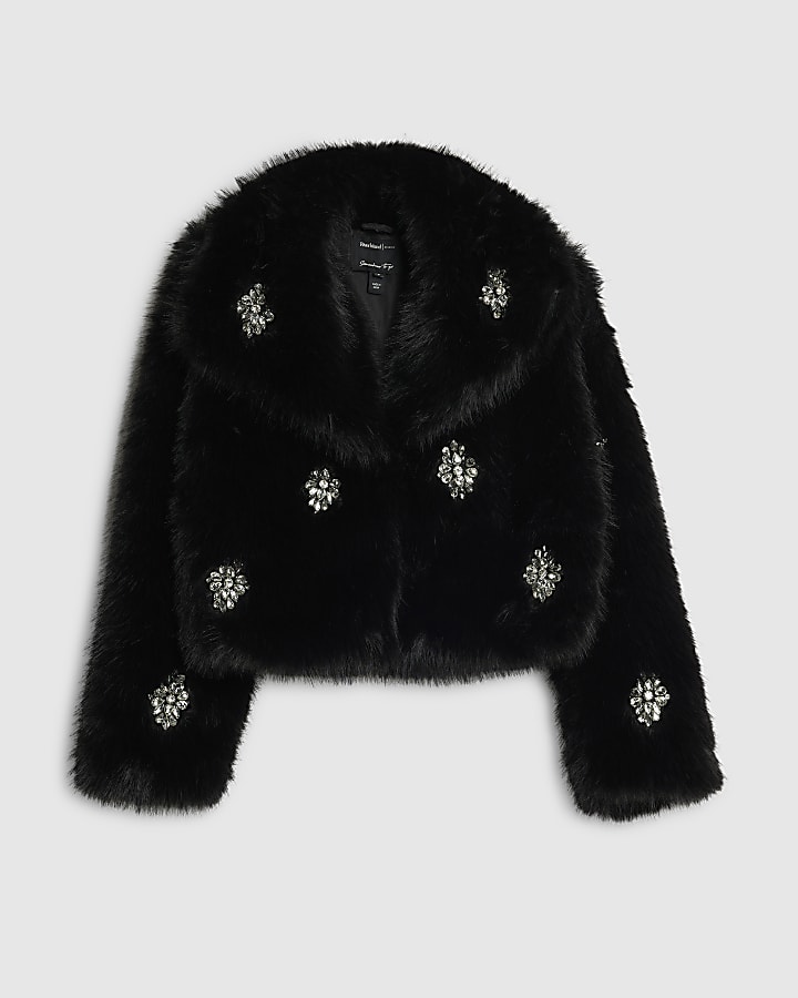 Black Short Embellished Faux Fur Coat
