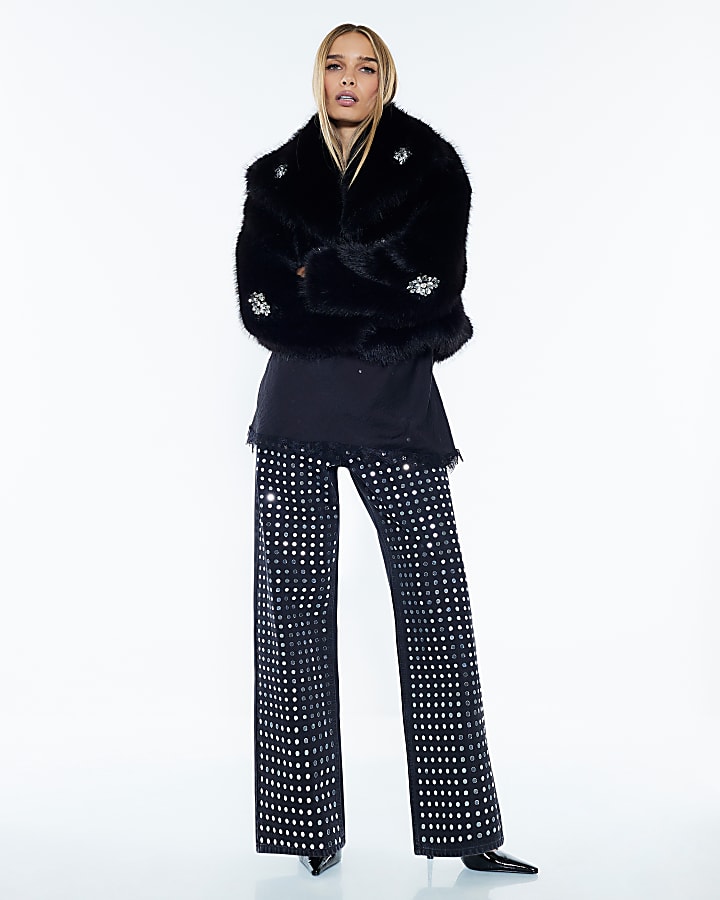 Black Short Embellished Faux Fur Coat