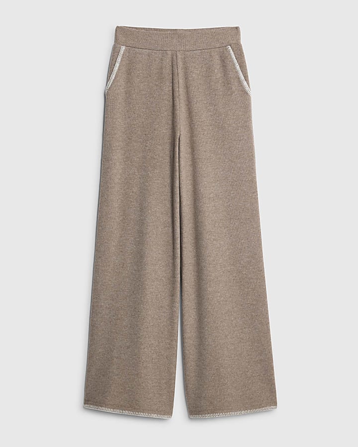 Brown Whipstitch Wide Leg Joggers