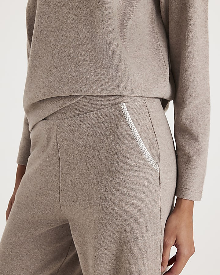 Brown Whipstitch Wide Leg Joggers