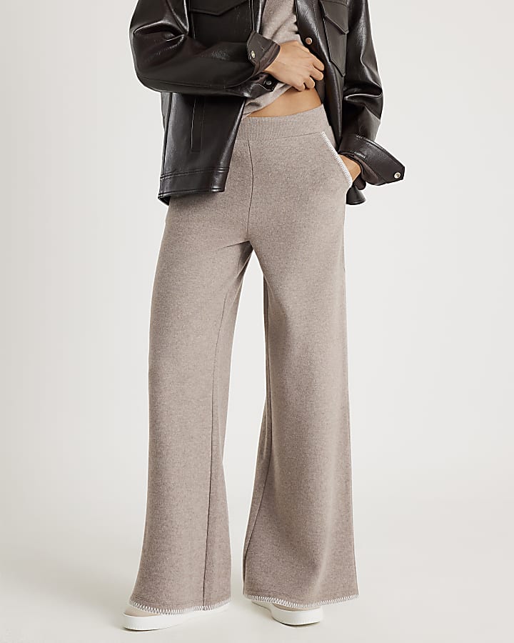 Brown Whipstitch Wide Leg Joggers