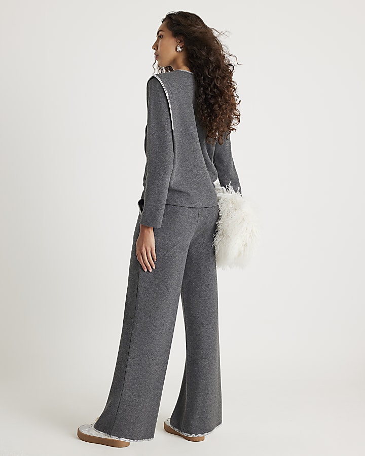 Grey Whipstitch Wide Leg Joggers