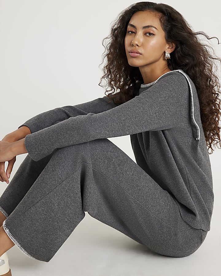 Grey Whipstitch Wide Leg Joggers