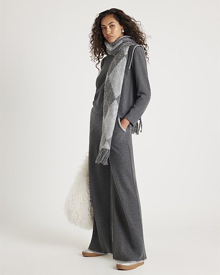 Grey Whipstitch Wide Leg Joggers