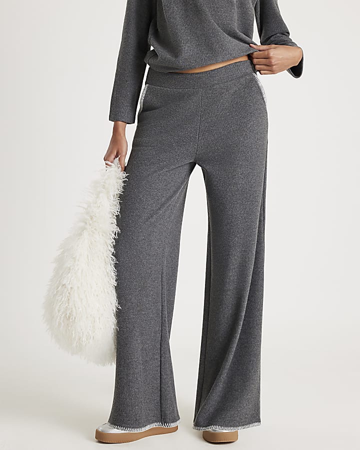 Grey Whipstitch Wide Leg Joggers