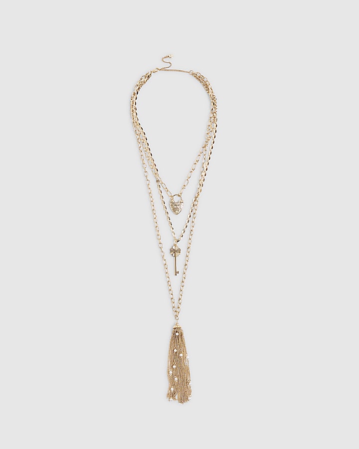 Gold Lock And Key Lariat Necklace