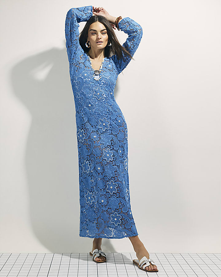 Blue Crochet Shell Maxi Dress
