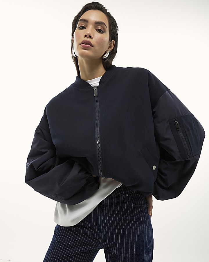 Navy Oversized Hybrid Bomber Jacket